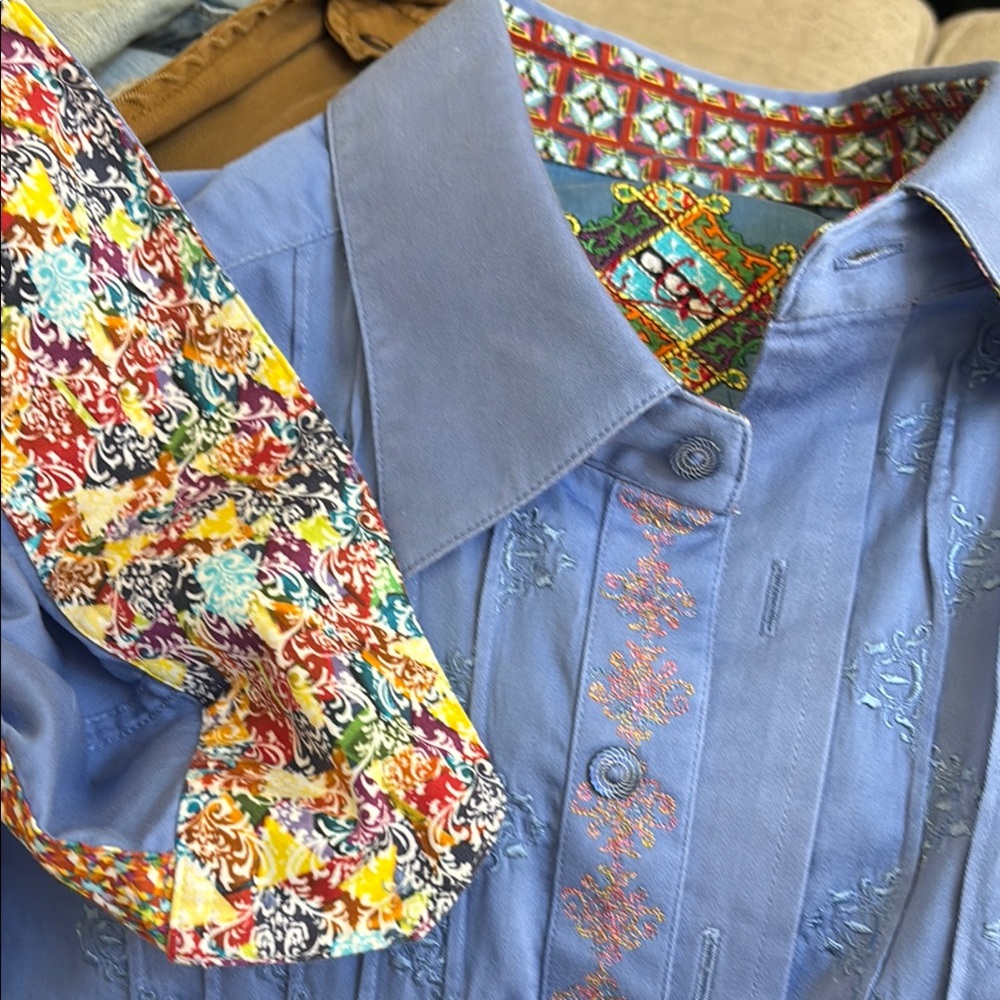 ROBERT GRAHAM Shirt Blue Button Down Front Embroidered Striped
